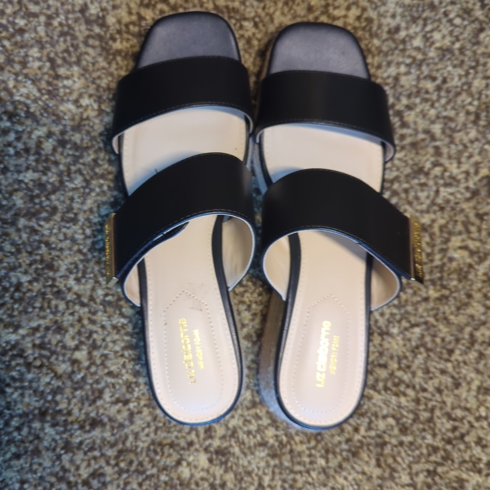 Liz Claiborne Womens Embrook black two strap Wedge Sandals Size 9